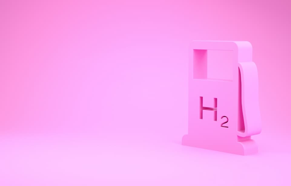 Pink hydrogen fuel pump icon on a matching pink background, symbolizing clean energy.