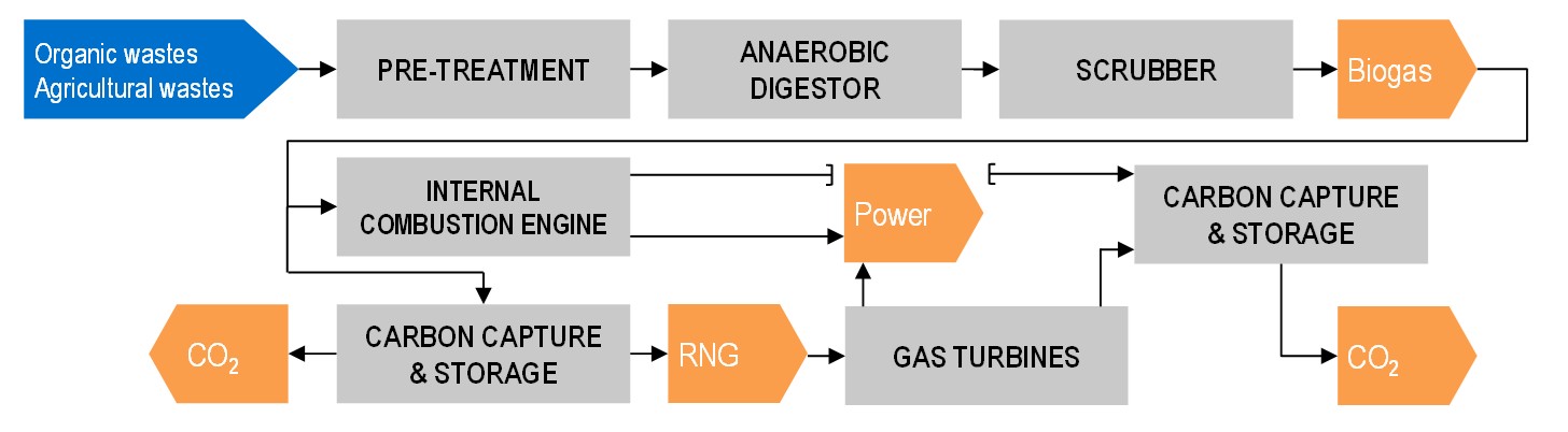 Simplified Diagram for Bio-Power from Biogas/RNG Combustion with Carbon Capture and Storage